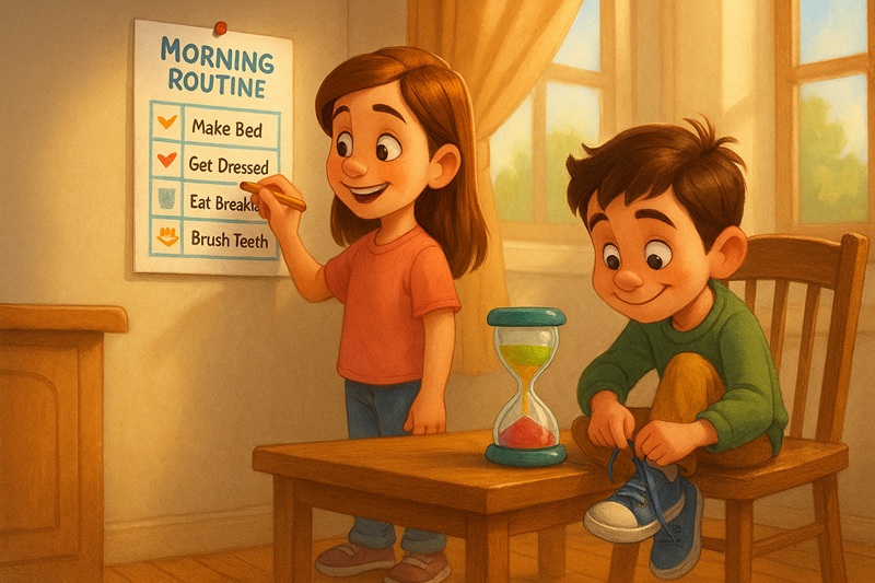 A smiling elementary-aged child places a sticker on a daily routine chart hanging in the kitchen, reinforcing self-directed habit-building in a warm home environment.