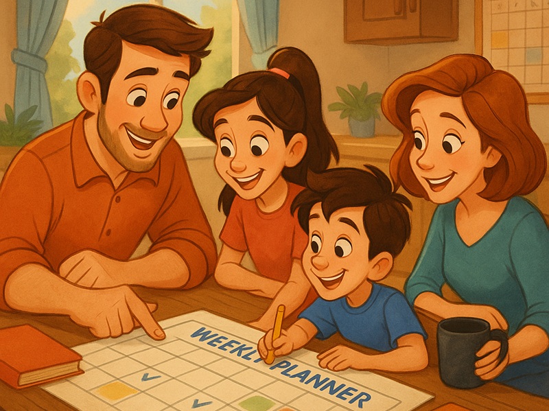 A cheerful family of four plans their week together around a kitchen table, using a large weekly planner and calendar.