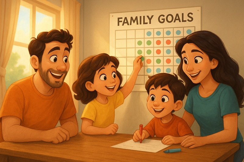 A cheerful family of four sits around a wooden table, smiling and collaborating on a colorful “Family Goals” chart. The scene is warmly lit by sunlight through a window, showing a father, mother, daughter, and son using stickers and writing tools to set weekly goals together in a cozy home environment. Disney/Pixar-style illustration.
